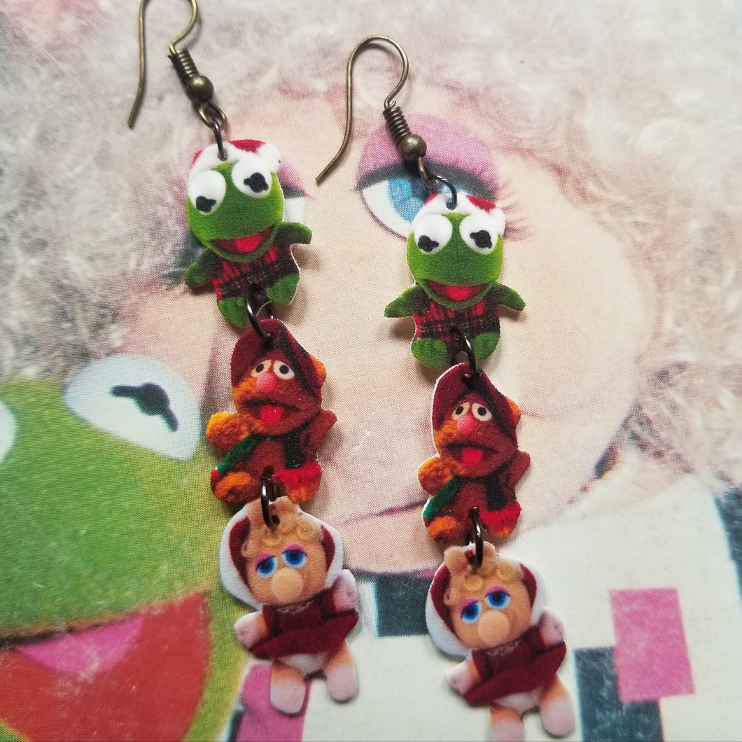 Kermie, Piggy, and Fozzy Christmas Stackable Earrings